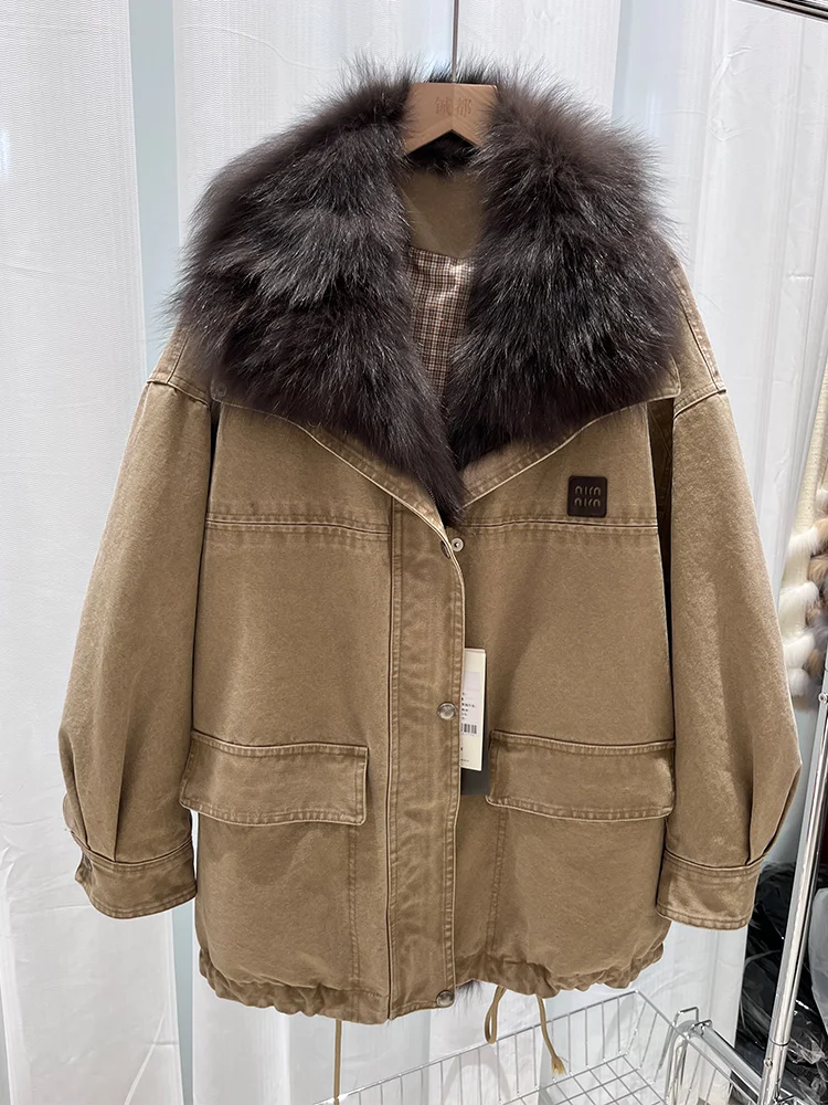 เสื้อโค้ทพาร์กาสำหรับผู้หญิง ฤดูหนาว ปกขนสุนัขจิ้งจอกแท้  บุด้วยขนห่าน  เสื้อแจ็คเก็ตพัฟเฟอร์
