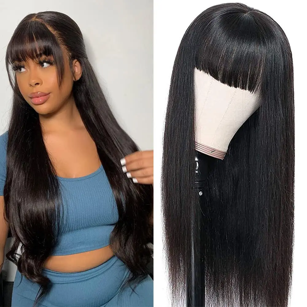 Straight Human Hair Wig With Bangs Brazilian Full Machine Made Human Hair Wigs For Women