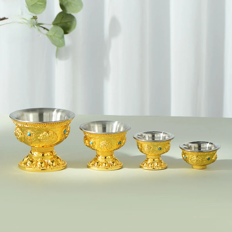 Buddhist Water Offering Cup Eight Auspicious Symbols Holy Water Cup Copper Gilded Stainless Steel Inner Liner