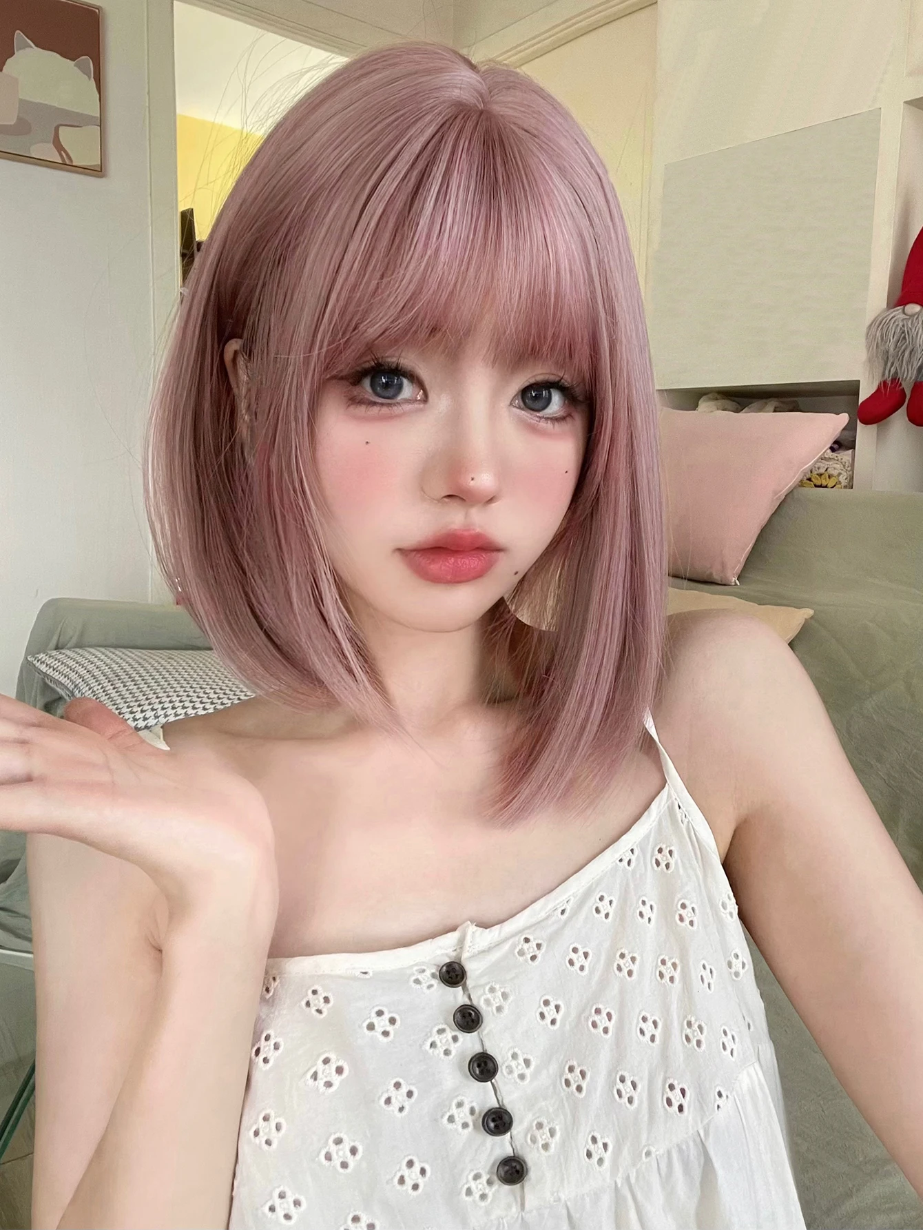 12Inch Ash Purple Color Synthetic Lolita Wig With Bang Short Natural Straight Hair Wig for Women Daily Cosplay Heat Resistant