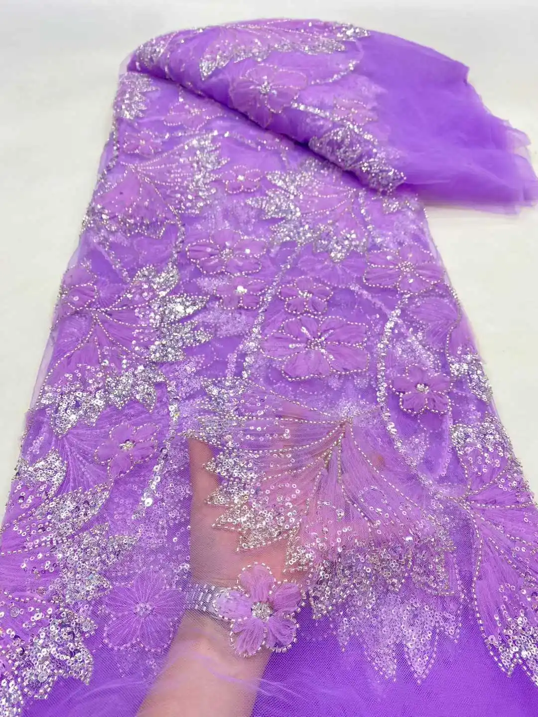 

African Lace Fabric 2025 High Quality Nigerian Lace Beaded Sequins French Net Fabric 5 Yards For Sewing Party Wedding Dresses