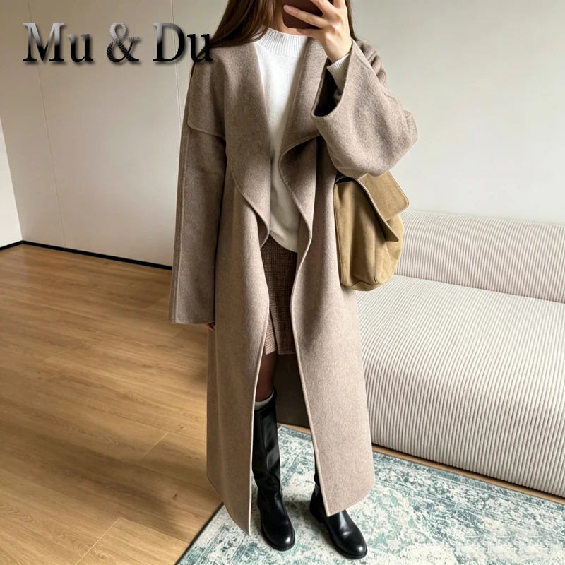 Elegant Shawl Collar Lace Up Long Wool Coat Women Full Sleeve Belt Lapel Thick Overcoat 2026 Autumn Winter Lady Chic Outwear
