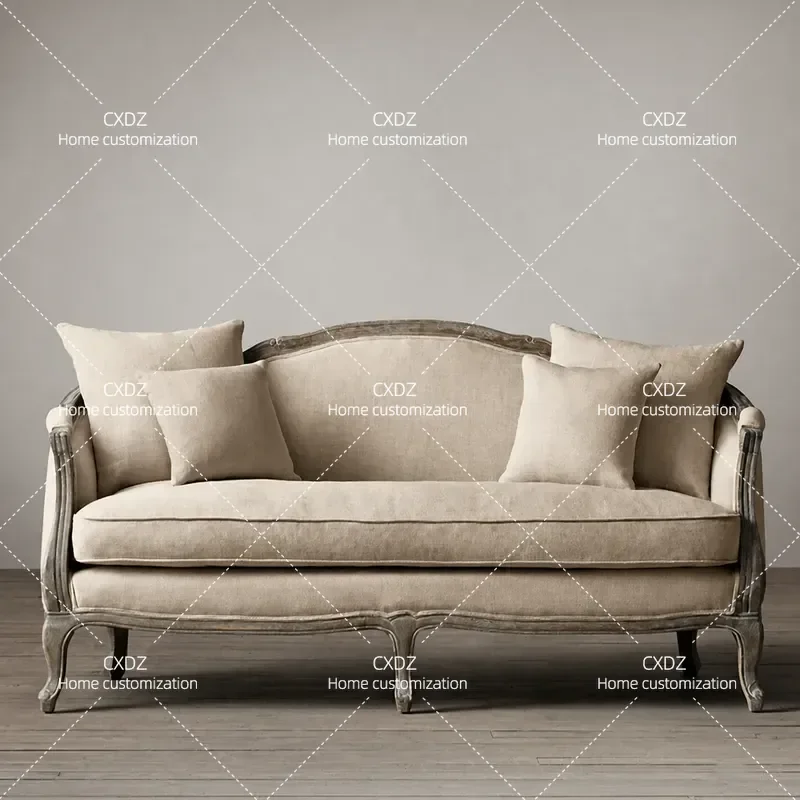 Solid Wood Retro Fabric Three Seater Sofa Double Seat Vintage Style Living Room Furniture for Small Apartment