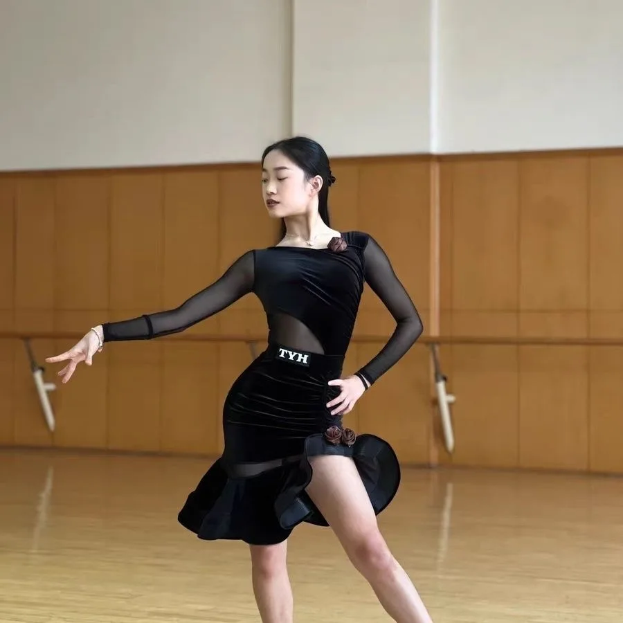 latin dance dress woman competition dance shirt skirt long sleeve Dance wear perform Latin suit stage custom 2025 suit