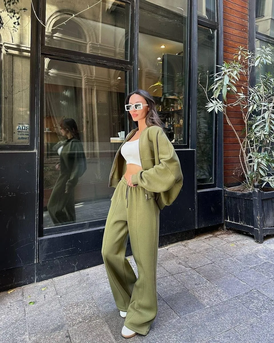 

DSMTRC Women Casual Zip-Up Top Loose Sweatpants 2-Piece Suits Solid Chic Sweatshirt Long Trousers Sets Autumn Fashion Gray Suits