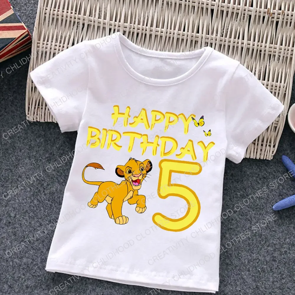 Camiseta del Rey León para niños, ropa de cumpleaños con número 1-12, Tops Kawaii de Disney para niños, camiseta informal de dibujos animados para bebés pequeños