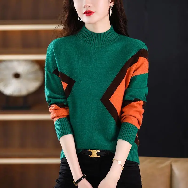 Korean Fashion Vintage Knitted Sweaters Autumn Winter Mock Neck Long Sleeve Panelled Pullovers Women Clothing Loose Casual Tops