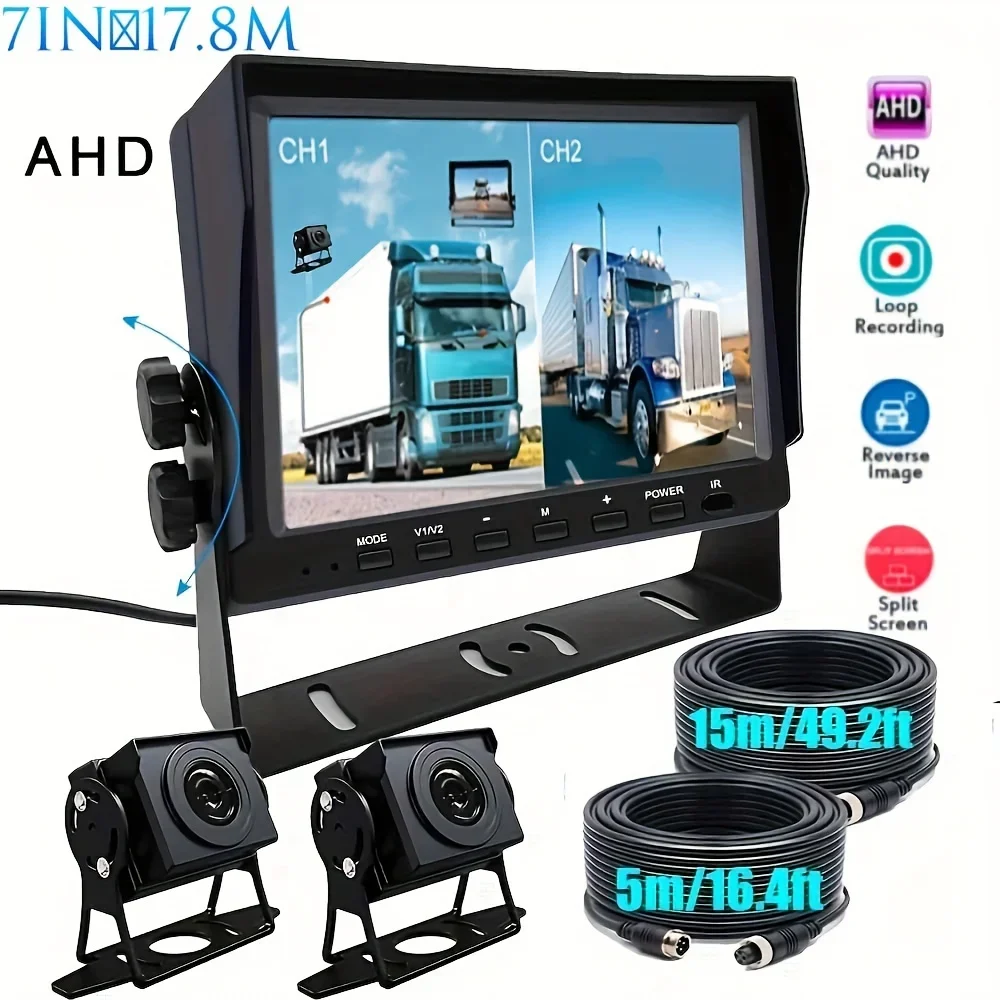 

Dual Split-View DVR 7'' Monitor with HD Backup Cameras - Wide Voltage Compatibility, 5m+15m Cables, Perfect for Trucks,Trailers
