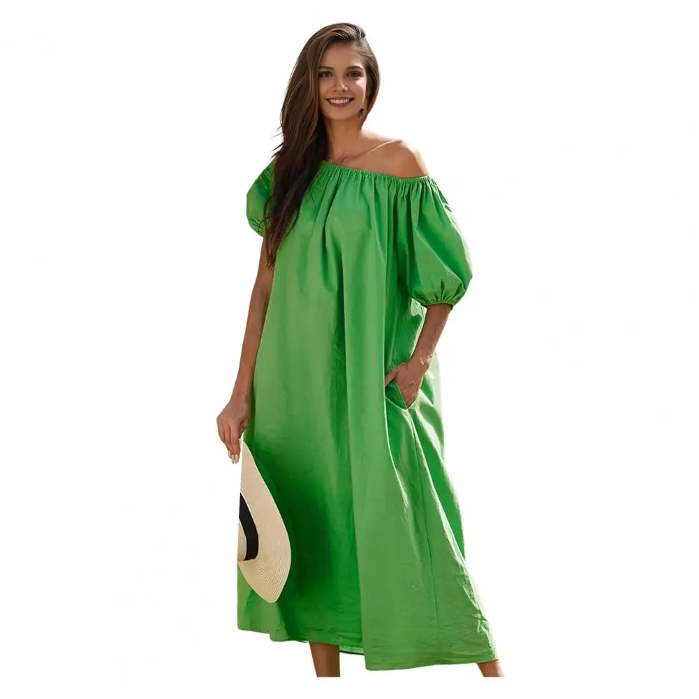 

Women Short Sleeve Dress Women Solid Color Dress Elegant Off Shoulder Midi Dress with Pleated Bubble Sleeves Elastic for Women's