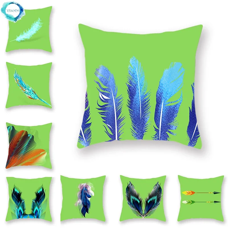 Avocado Green Feather Printed Cushion Cover Polyester Decorative Pillowcase Home Sofa Square Pillowcase Fundas De Cojin 45x45cm