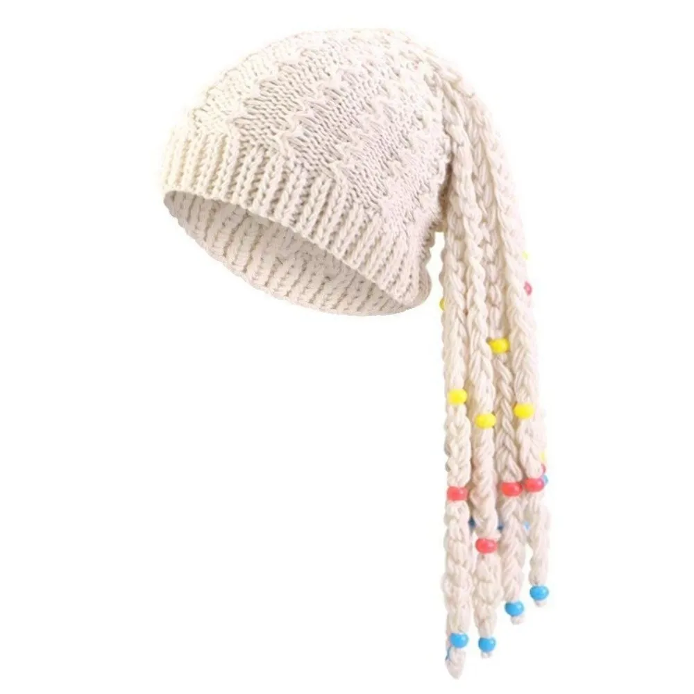 Trendy Knitted Dreadlock Beanie Color Bead Decor Faux Braid Braided Wig Hat Stretchy Integrated Braid Wig Beanie Street Styling
