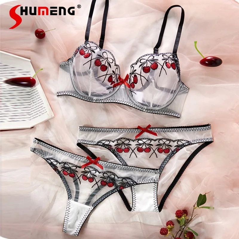 

Girls Sexy Lingerie Sweet Embroidery Bra Set Underwire Push Up Large Cup Temptation Brief Suits Women's Japanese Intimates