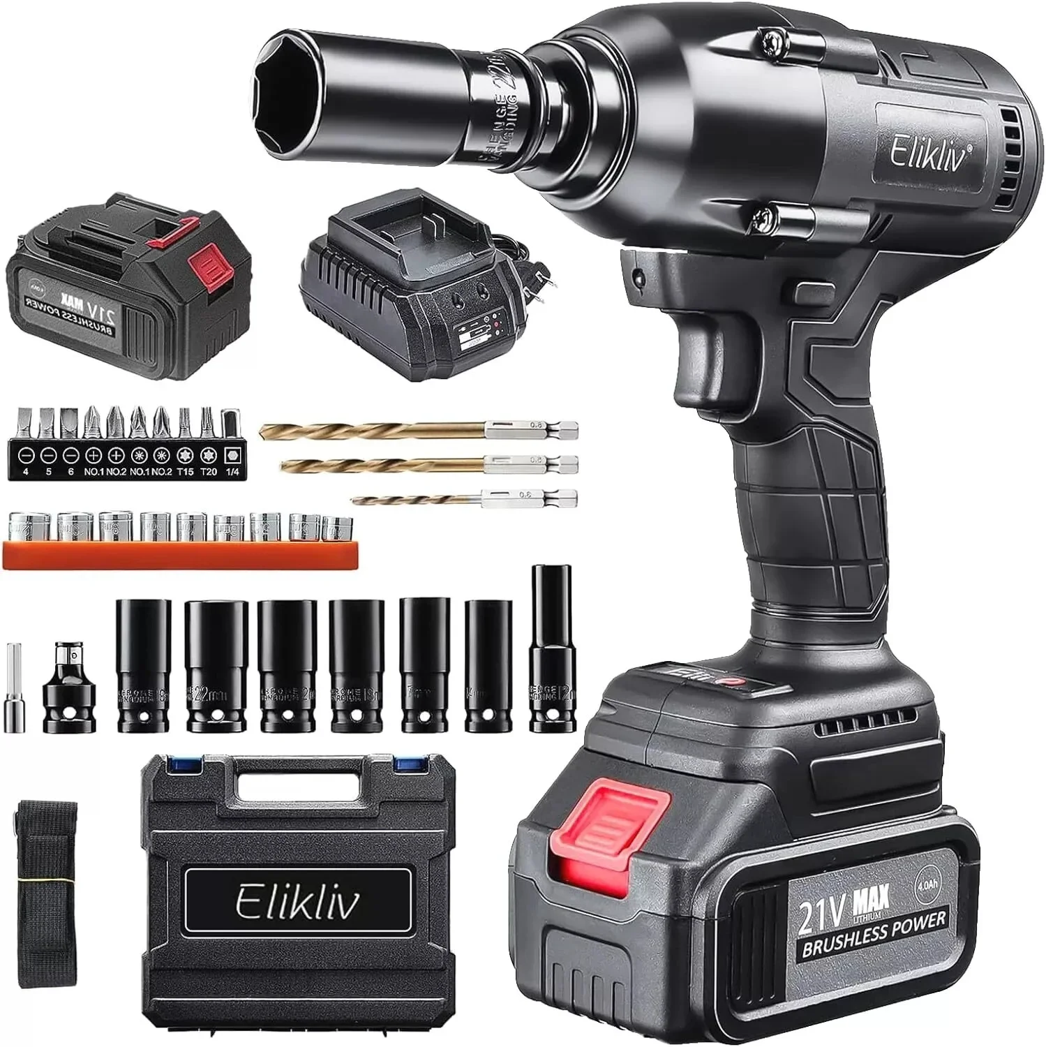 

Elikliv Cordless Impact Wrench 600Nm 21V Power Impact Gun 4.0Ah Battery Electric Impact Driver for Car Truck Tires Home