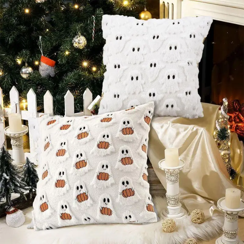 Ghost Pumpkin Plush Faux Fur Pillow Covers Soft Halloween Decor for Sofa Couch Bed Living Room White Orange Pillowcases 45x45CM - view 3