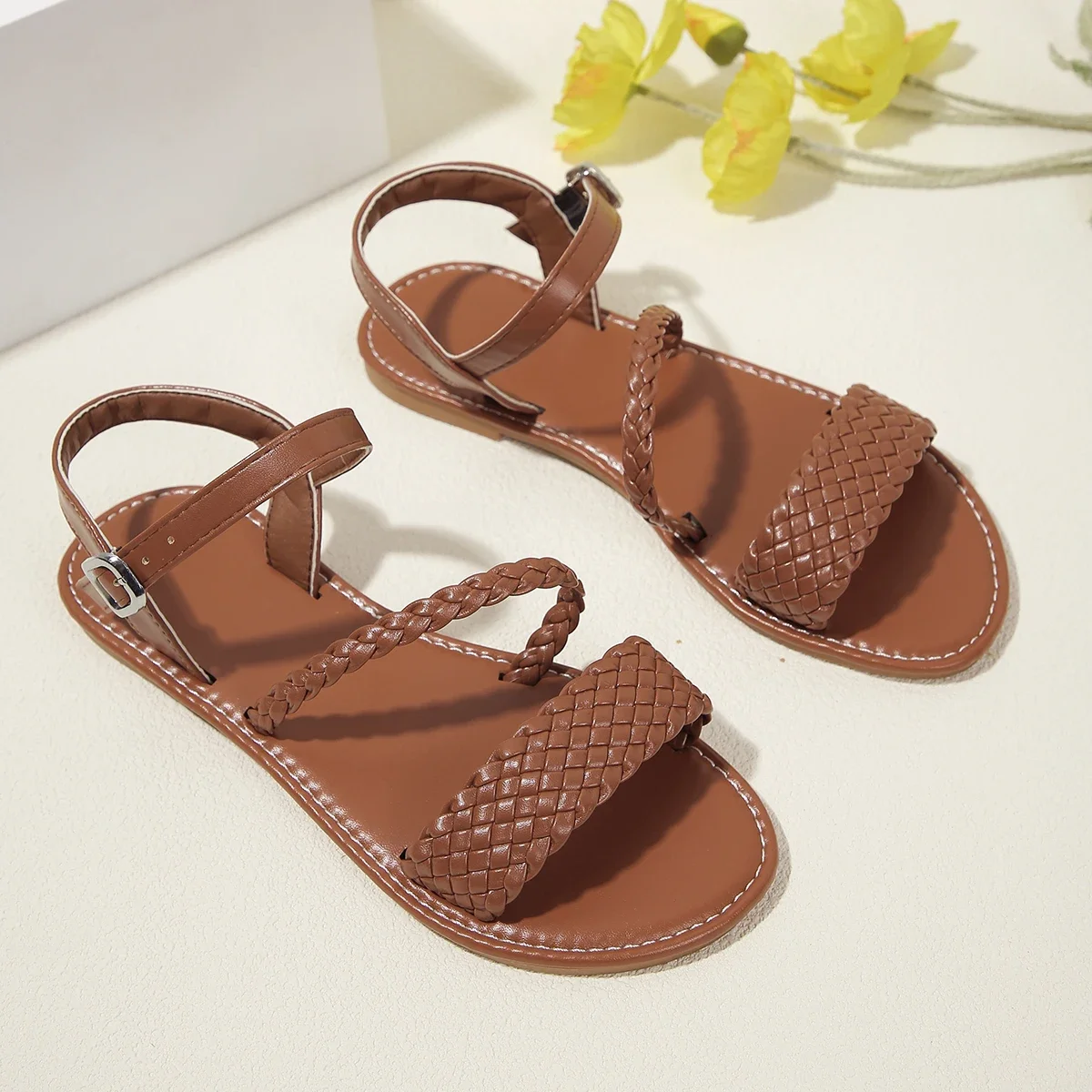 Women's Casual Flat Sandals Braided Design Popular Brown Color Comfortable Shoes for Everyday Wear image 3