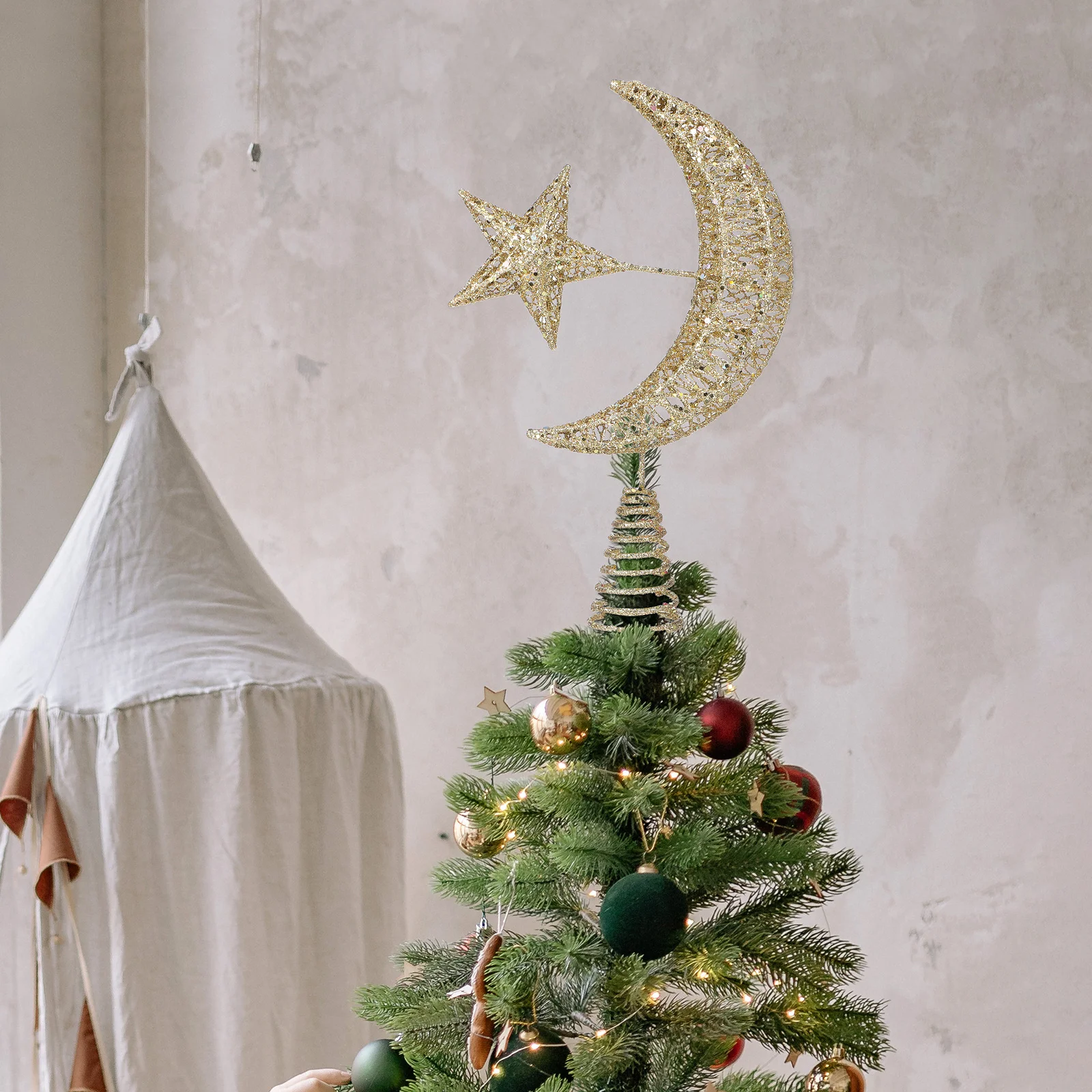 

Star Moon Christmas Tree Topper Decor Indoor Party Festive Holiday Decoration Chic Lovely Look