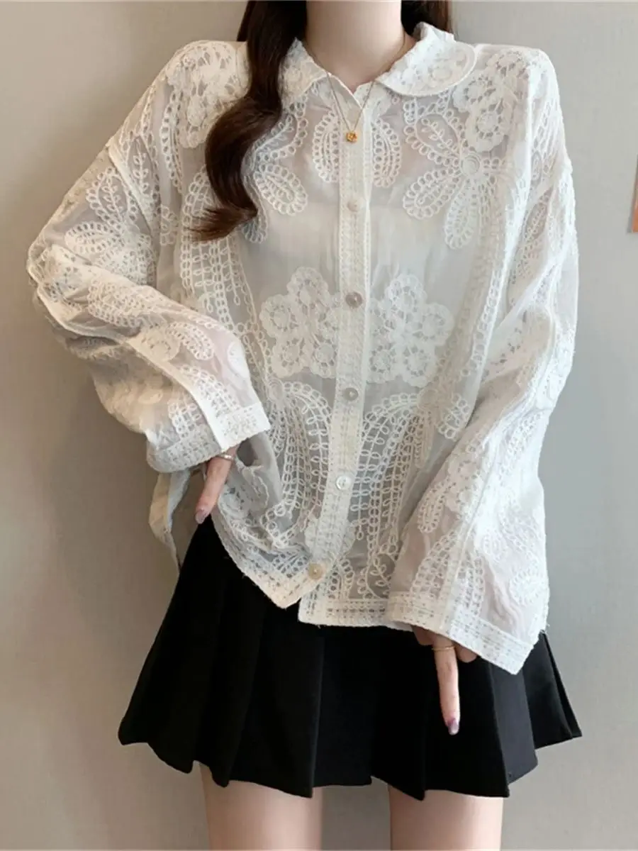 

Элегантная кружевная блузка с вышивкой для женщин, осень 202, жаккардовая верхняя одежда с длинными рукавами и лацканами, топы