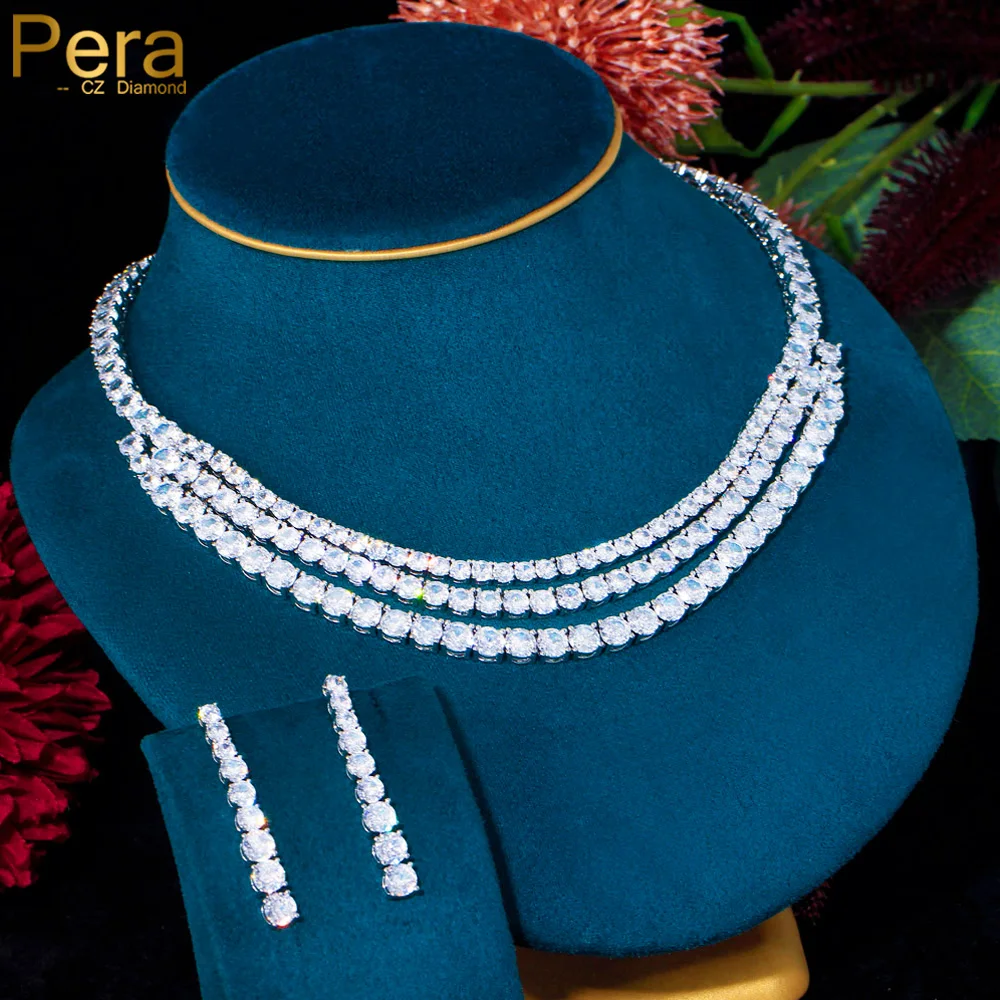 Pera Gorgeous Shiny Cubic Zirconia Multilayer Costume Necklace Earrings Women Wedding Bridal Party Jewelry Sets for Brides J399