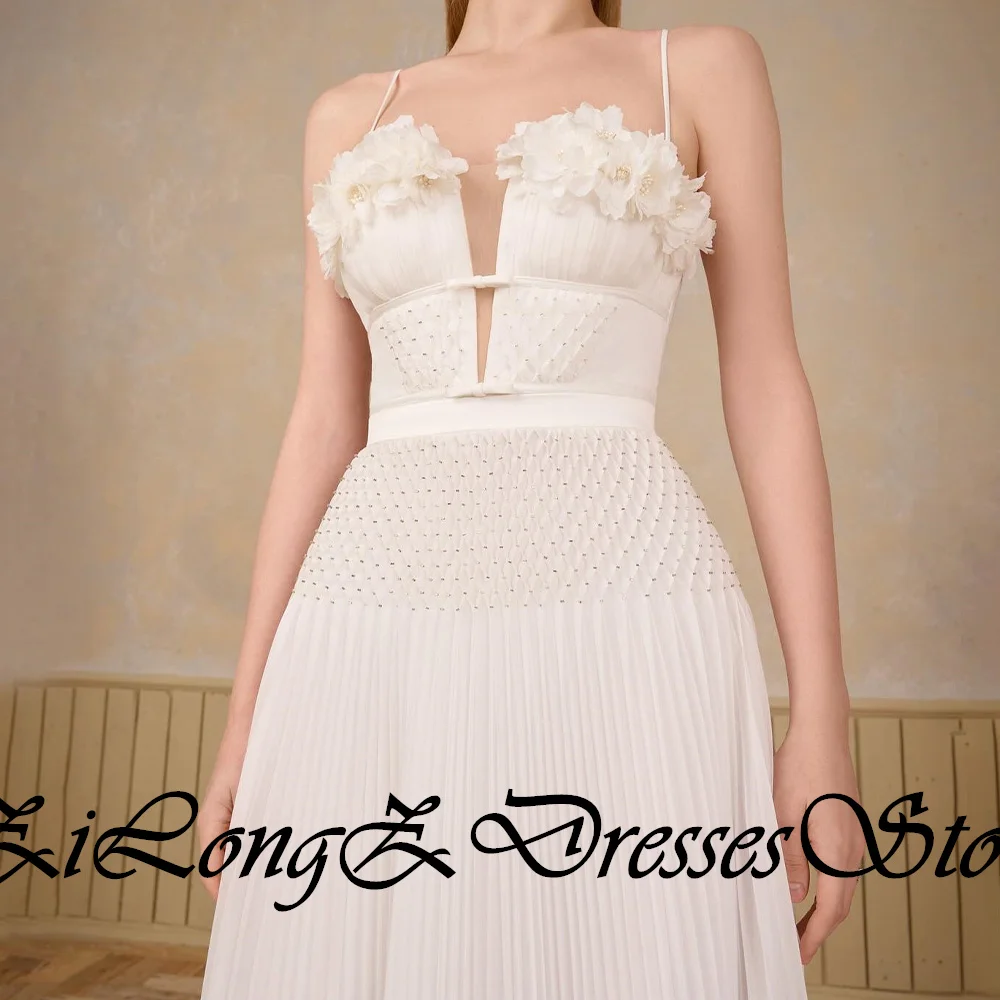 تخصيص رائعة اللؤلؤ والكريستال الأبيض الشيفون 3D الزهور فساتين السهرة مثير السباغيتي الأشرطة ساحة طوق P