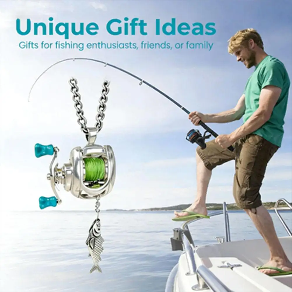 Men Women Mini Fishing Reel Pendant Necklace Realistic Line Wheel Design Fashion Outdoor Fishing Jewelry Gift for Anglers