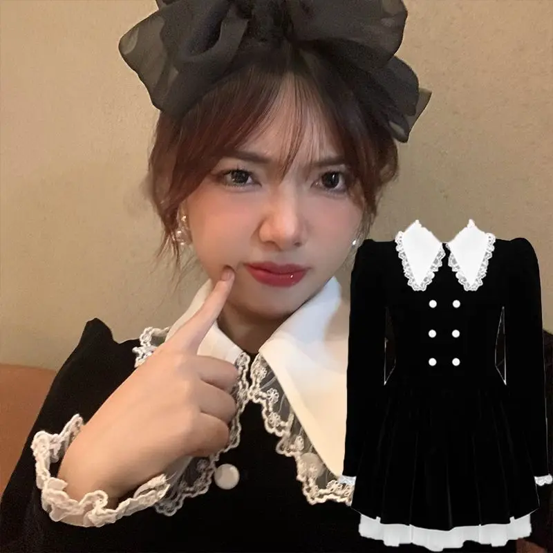 Patchwork Velvet Kawaii Sweet Dress Women Lace Korean Style Fashion Mini Dress Female Peter Pan Collar Vintage Elegant Dress New