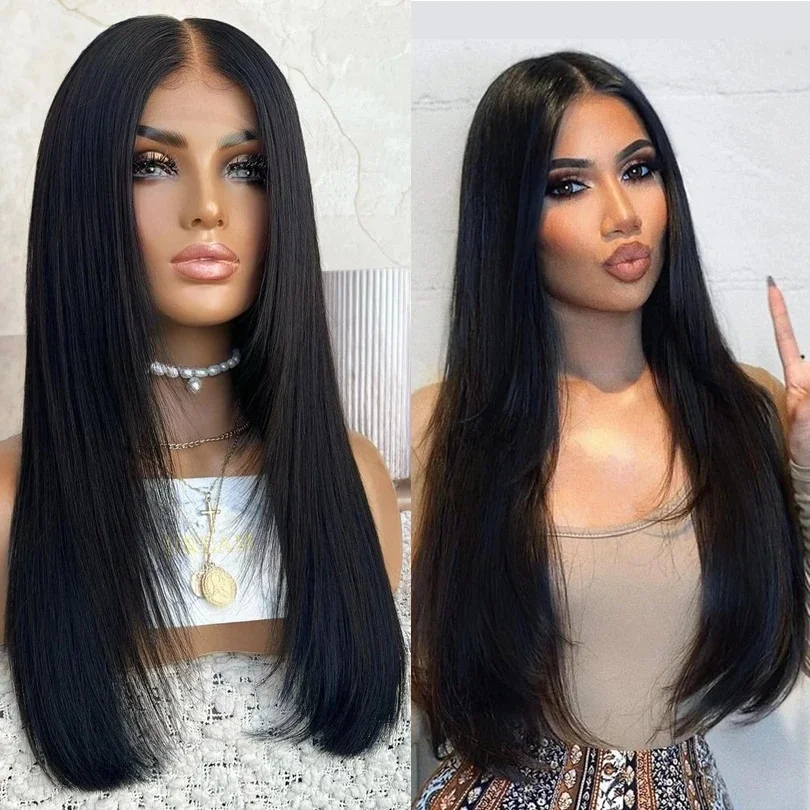 

26Inch Long Soft Preplucked Black Color 180Density Straight Lace Front Wig Synthetic Baby Hair Glueless Daily Wear Wig