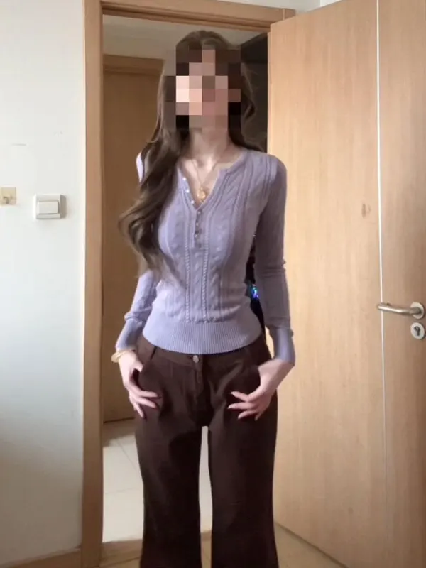 

Unique Slimming Purple Knitted Sweater Sli Gentle Sle Long Sve V-Ne Button up Women's Faion Winter Top