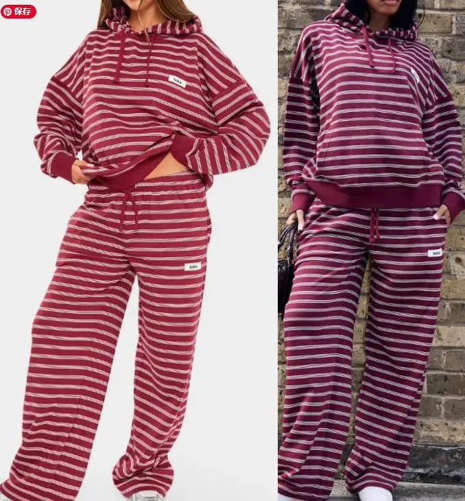 ملابس نسائية مكونة من قطعتين بأكمام طويلة وقلنسوة كبيرة الحجم ومجموعة ركض مخططة ملابس رياضية