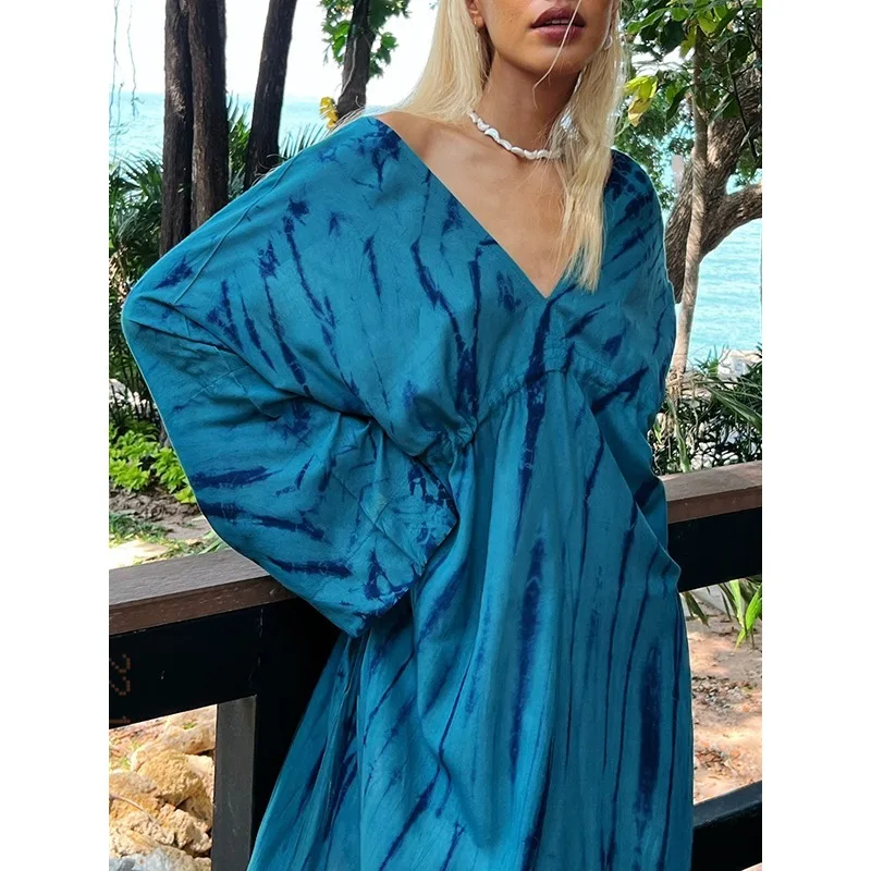 T Е Blue Bohemia Dress Donna 2025 Primavera Autunno Vintage Loose Fit Manica raglan Scollo a V Stampa Abiti longuette da spiaggia 182802