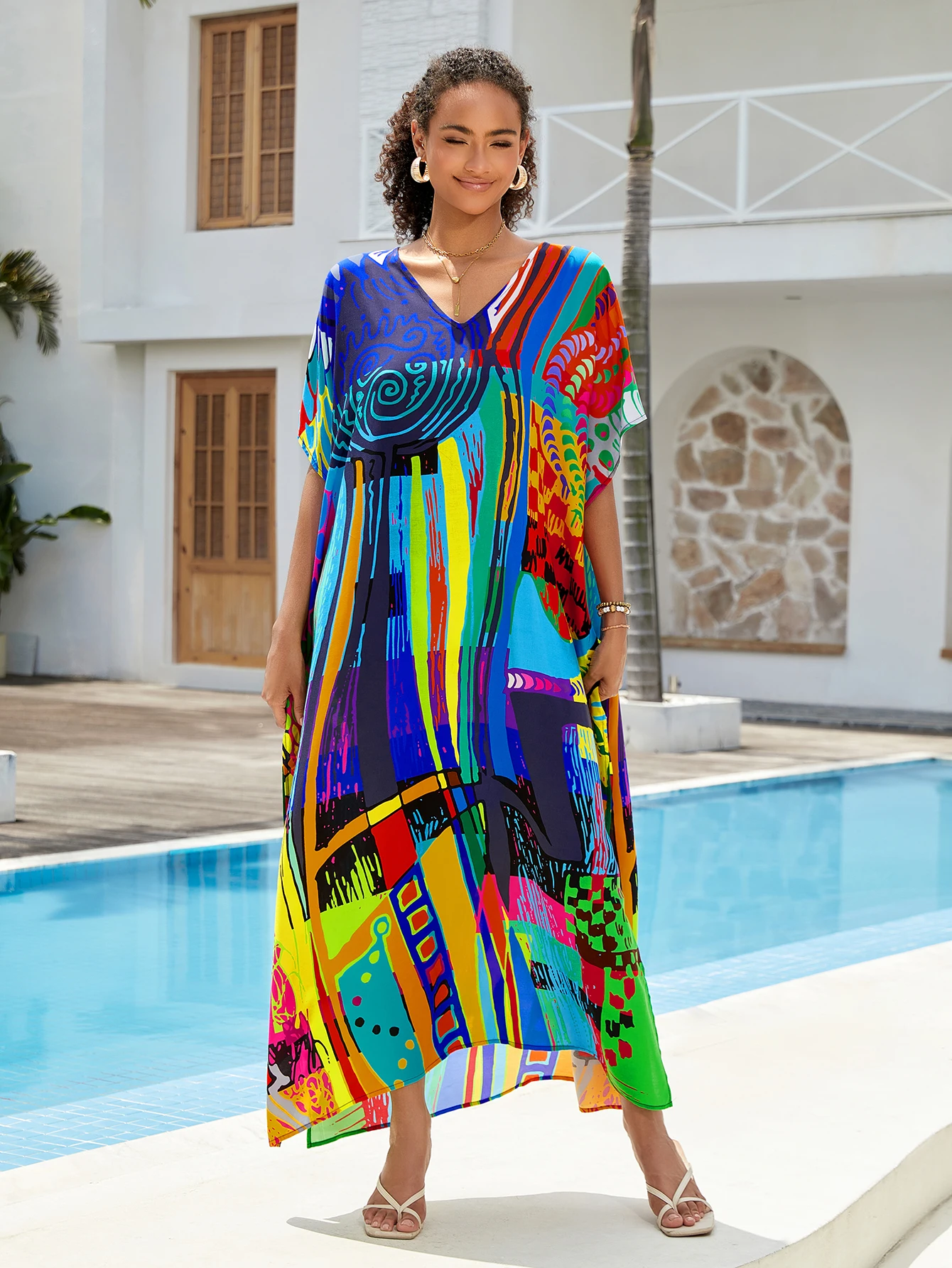 女性用カフタンワンピース、プラスサイズ水着カバーアップ、Vネック、バットウィングドレス、ゆったりフィット、モロッコ風カフタン、ムームードレス