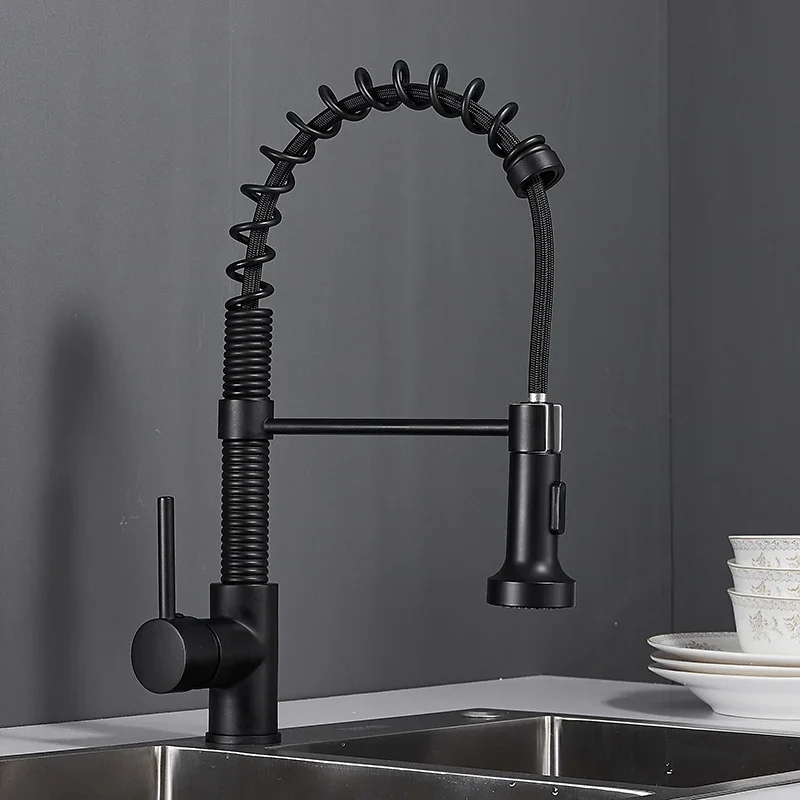 Spring Pull Out Kitchen Faucet  Black Pull Down Kitchen Sink luxury Hot & Cold Total Brass Mixer tap