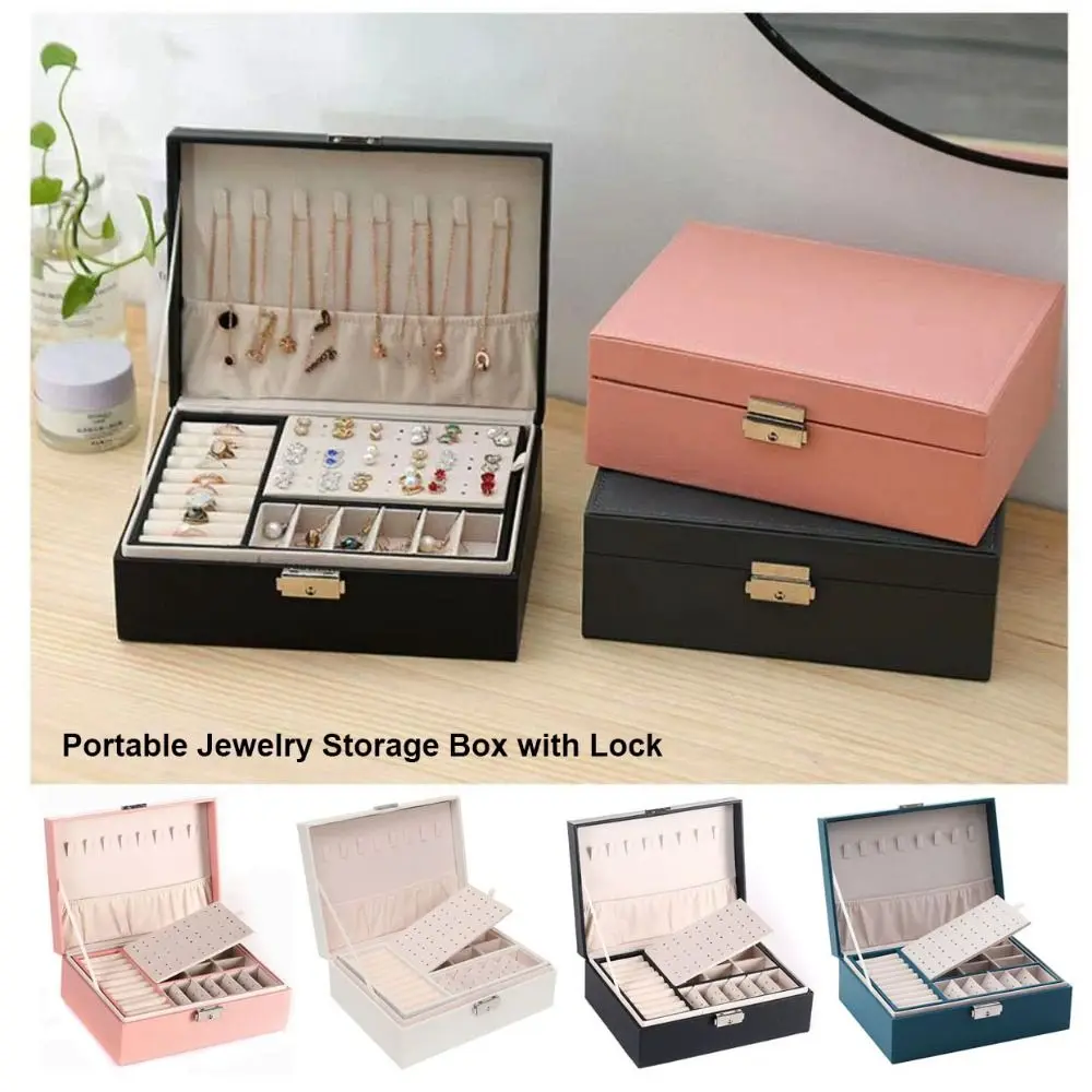 

Double Layered Jewelry Storage Box with Lock Portable Flip Lid Palm High-end Exquisite Box Large Capacity Travel Jewelry Bags