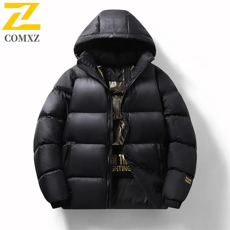 COMXZ 2025 Men Women Black Gold Quilted Jacket Detachable Hood Graphene Lining Decorative Straps Thickened Winter Coat