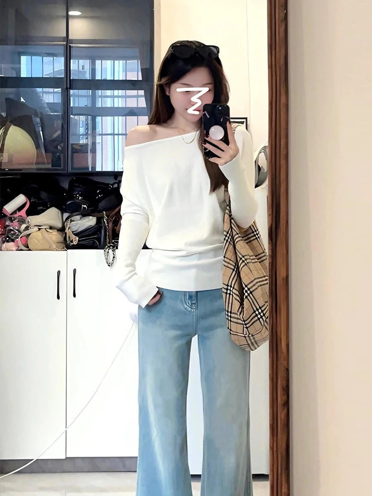 Korean Style Lazy Elegance One Shoulder Long Sleeve Knitted Sweater Women's Unique Super Beautiful Gentle Shoulder Bared Top