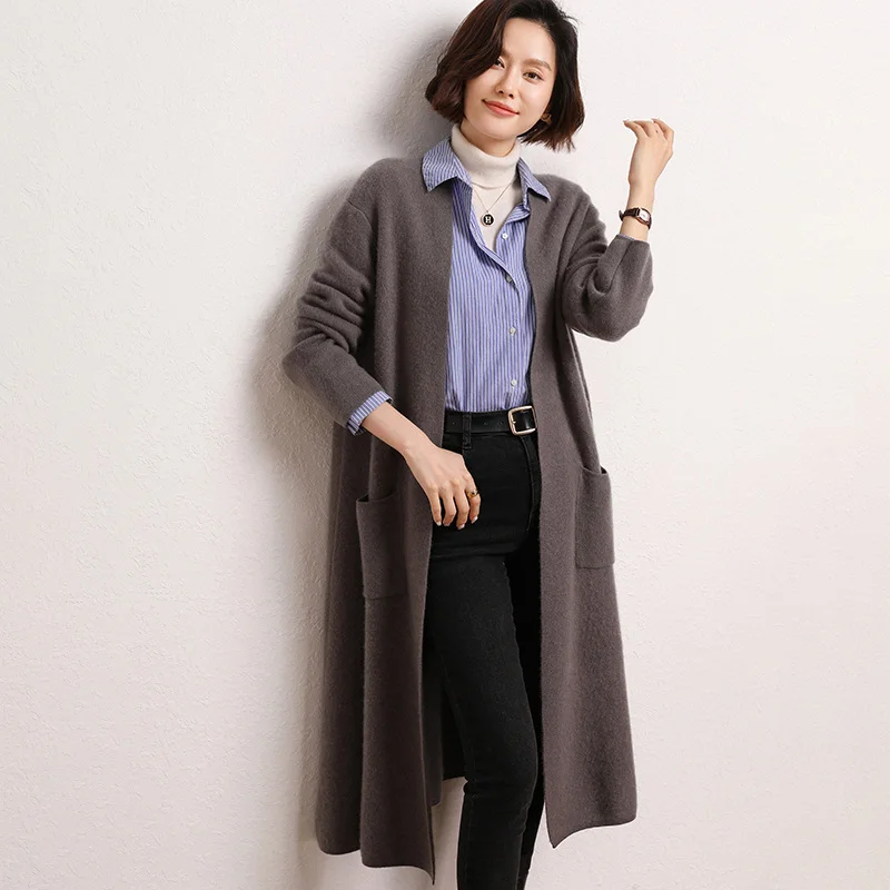 Autumn Winter New Pure Cashmere Long Cardigan Women\'s Thickened Over Knee Sweater with Pocket Coat Loose Versatile Cardigan