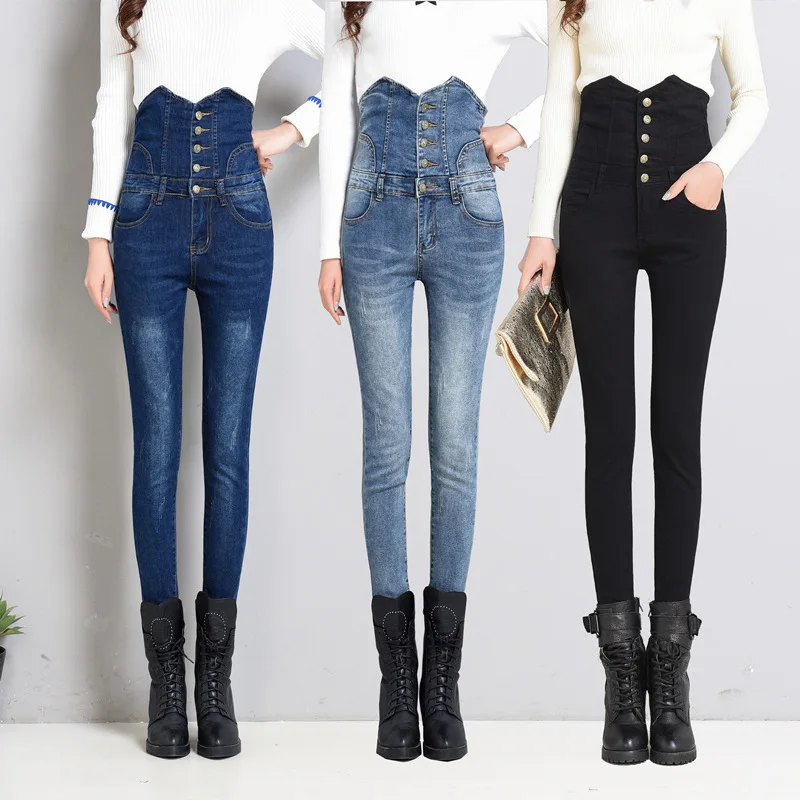 

Spring Ripped Jeans for Women High Waist Denim Jean Button fly Slim Skinny Stretch Black Pencil Jeans Woman