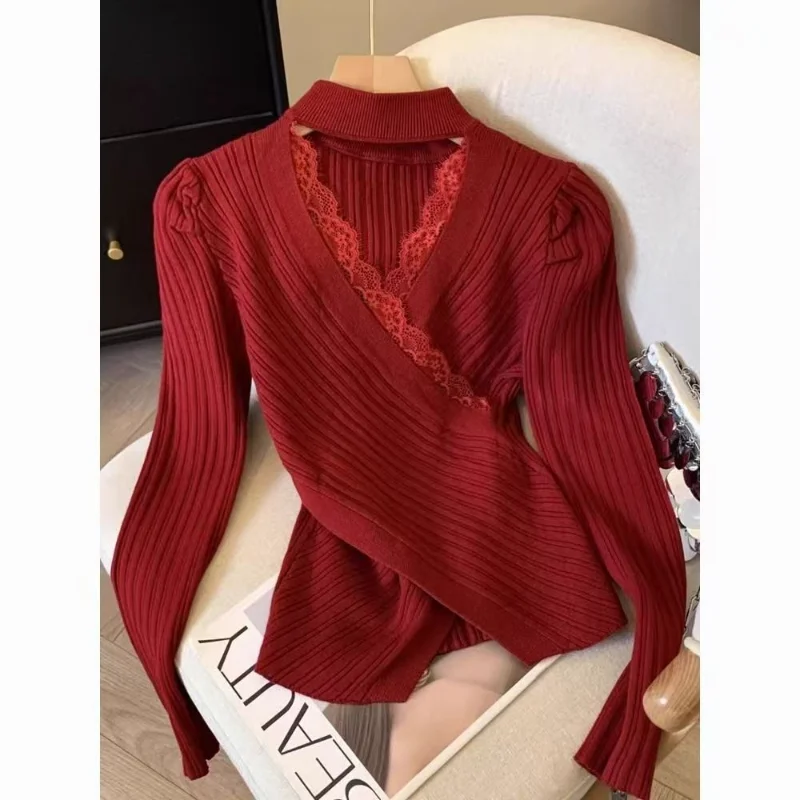 Nuevo Otoño Invierno encaje grueso cuello empalmado suéter con cuello en V mujeres coreanas camisa Base interior delgada