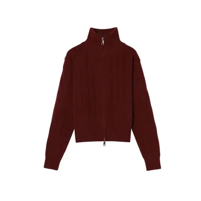 เสื้อคาร์ดิแกนไหมพรมคอสูงแบบซิปคู่สำหรับผู้หญิง ฤดูใบไม้ร่วงและฤดูหนาว