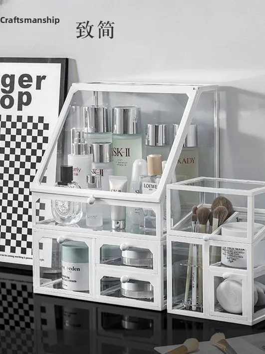 

Настольный органайзер для хранения косметики и уходовых средств из стекла, пылезащитный, с отсеками для помад и кистей