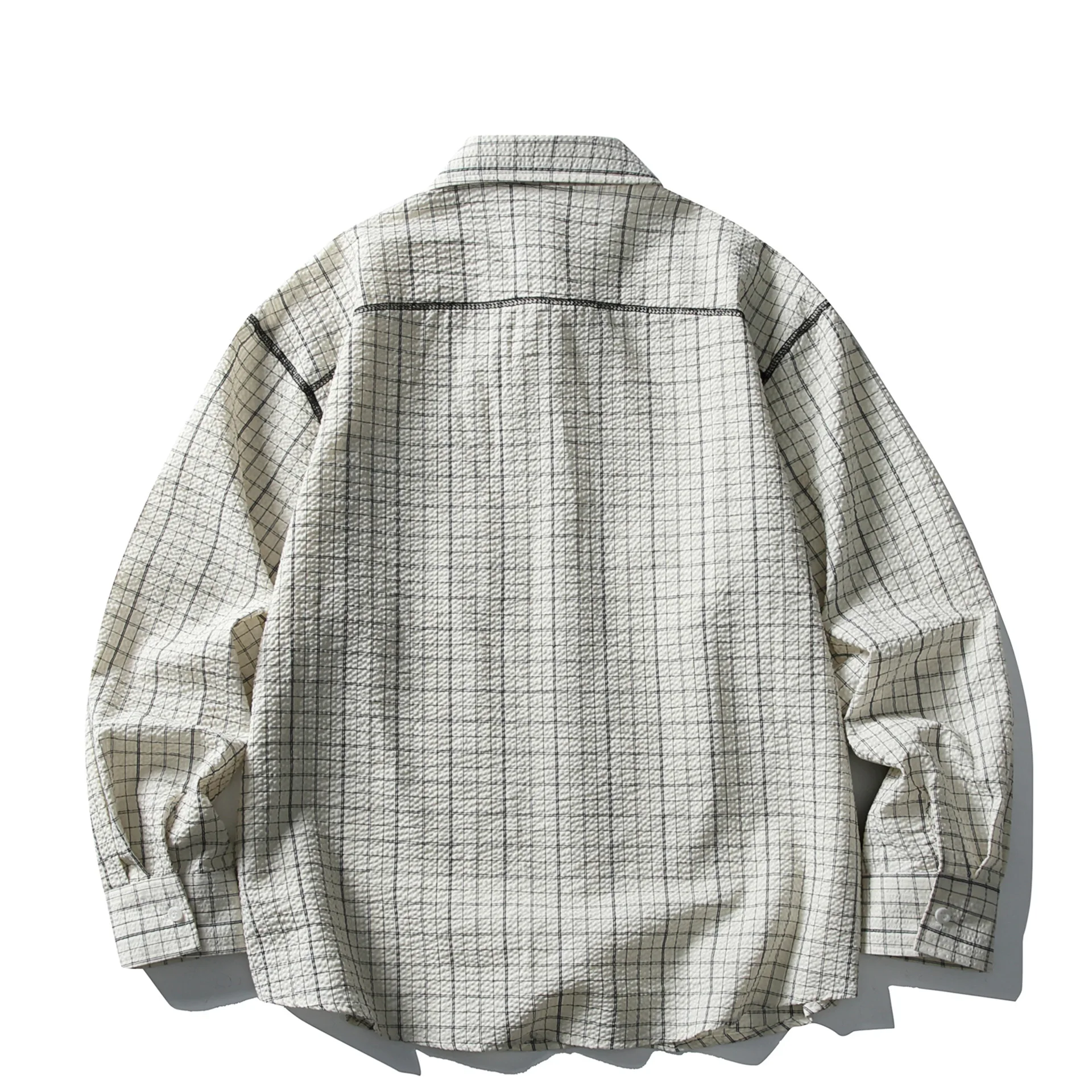 Japanese Commuter Plaid Seersucker Long-Sleeve Shirt Unisex Loose Textured Work Shirt Couple Casual Outerwear for Men
