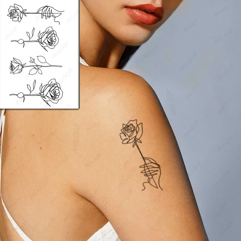 Sketch Rose Flowers-pegatina de tatuaje temporal impermeable para mujer, diseño de líneas de mano, tatuajes falsos, tatuajes Flash, arte corporal