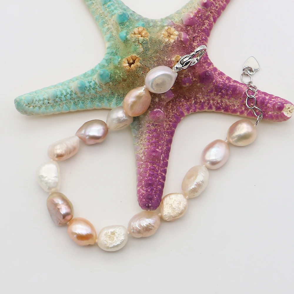

9-10mm Colorful Natural Baroque Freshwater Pearl With Silver Heart Shape Clasp And Extended Chain Beaded Bracelet 1 Strand