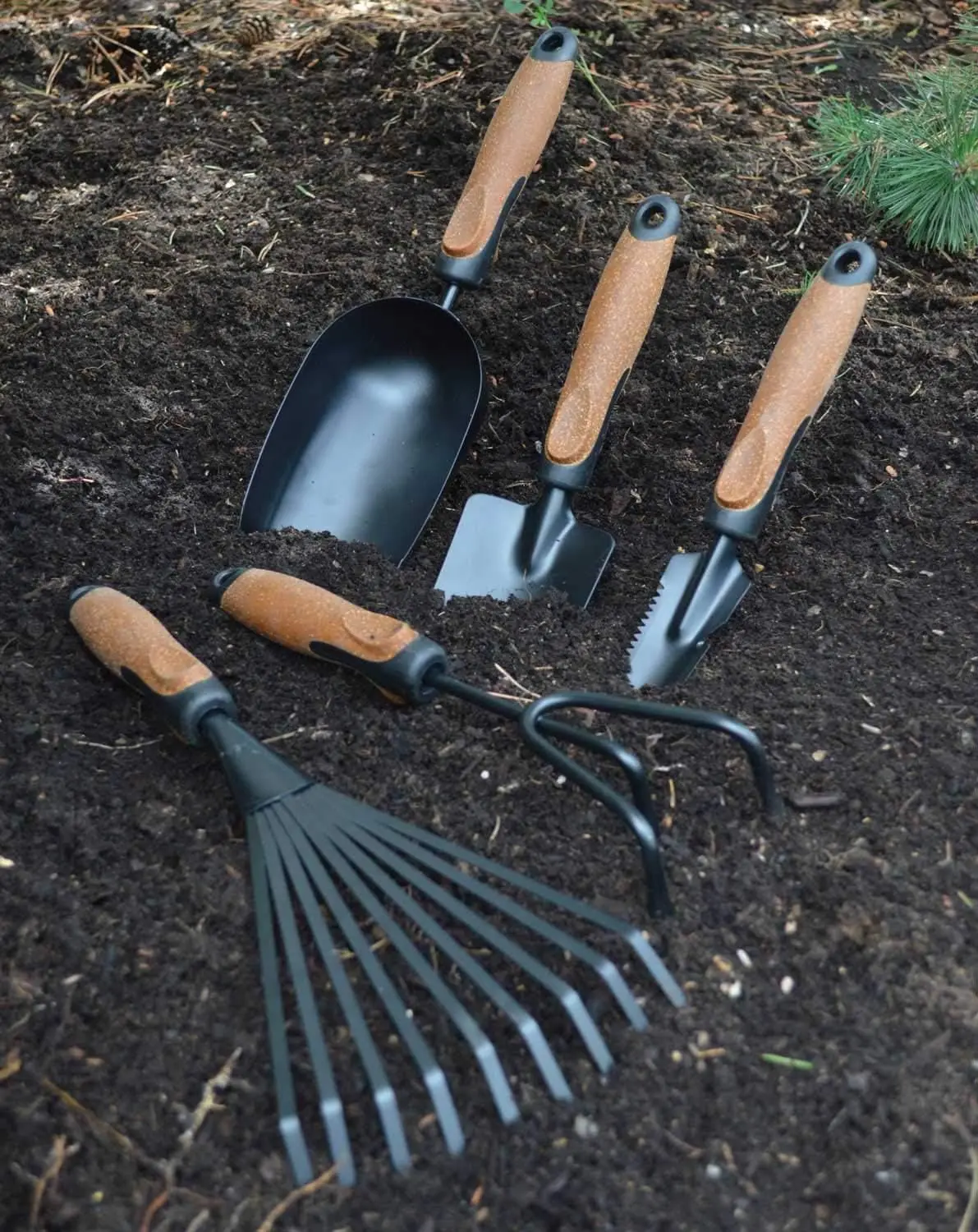 Olmsted Forge Garden Tool Set, Cork Handle, 5 Pieces, Includes Big Scoop, Hand Trowel, Hand Rake, Cultivator and Transplant Tool