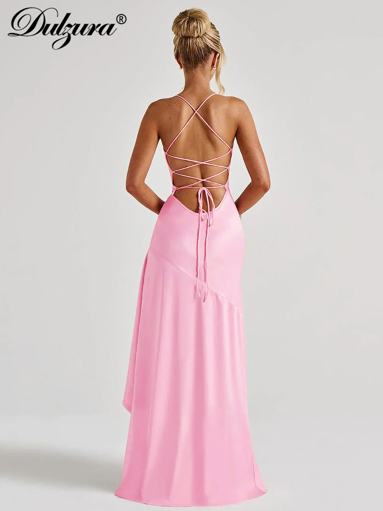 Dulzura, sin mangas, sin espalda, con cordones, fruncido, cremallera Irregular, vestido largo liso, Sexy, elegante, vestido largo para fiesta, Club, traje de graduación