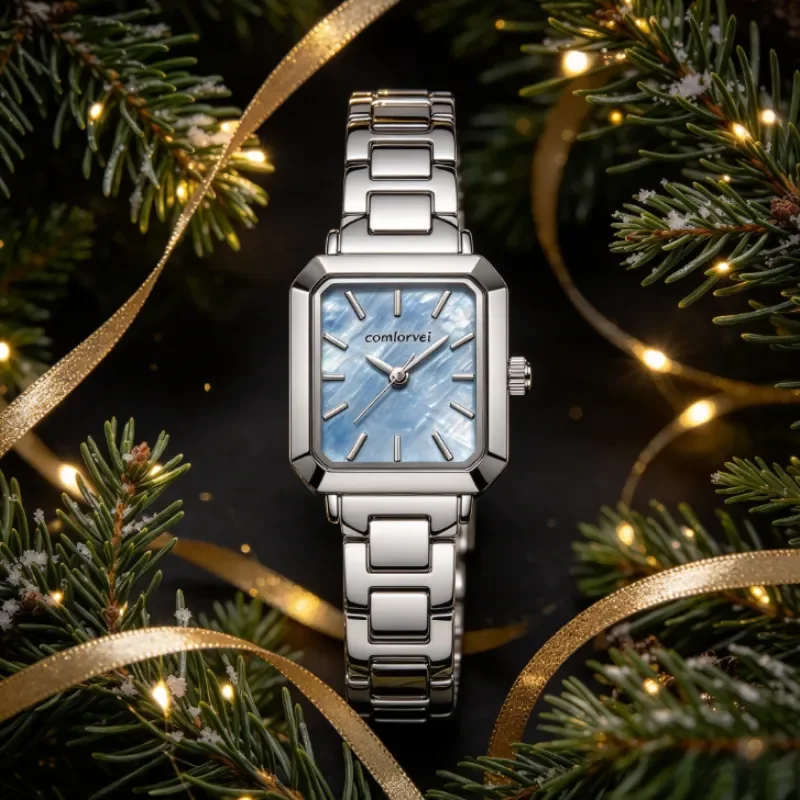 Vintage Rectangle Ladies Wrist Watch, Shell Dial Stainless Steel Band Quartz Watch, Slim Minimalist Elegant Watch for Office Dat