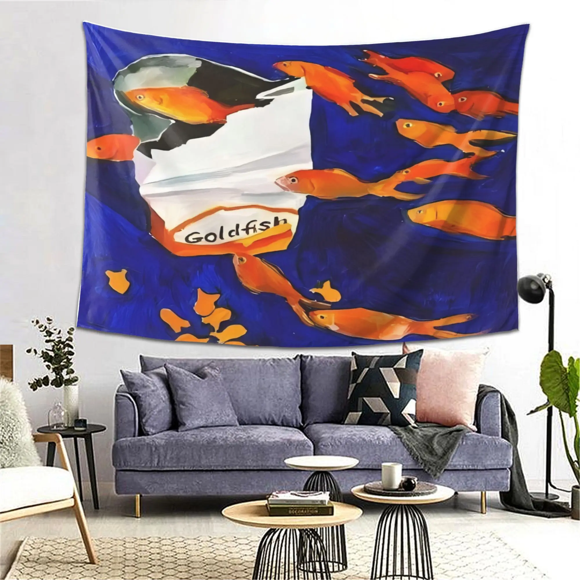 Elegant Blue Goldfish Tapestry Wall Hanging Nautical Ocean Life Aquatic Fish Art Canvas Decor for Home Living Room Apartment Gif