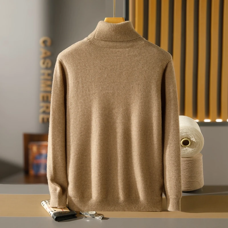 New Autumn/Winter High end Top 100% Goat Cashmere Men's Bottom Knitted Sweater Reverse Collar Long Sleeve Warm Sweater  Pullover