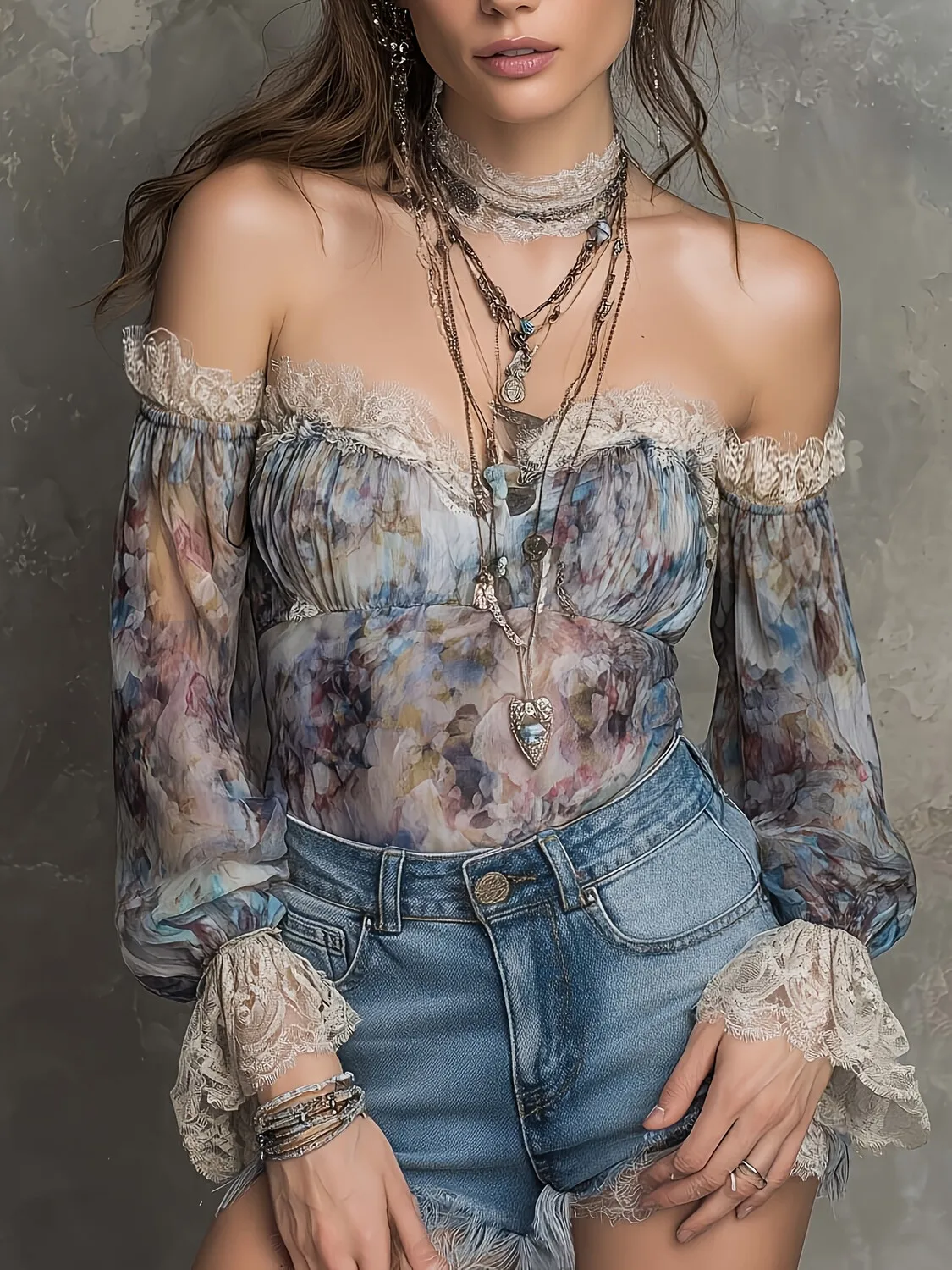 Tie Dye Shirt Vintage - เสื้อชีฟองลายดอกไม้สไตล์วินเทจ แบบเปิดไหล่ แต่งลูกไม้ แขนยาว ช่วงอกจับจีบ เสื้อครอปบางเบาสำหรับผู้หญิง