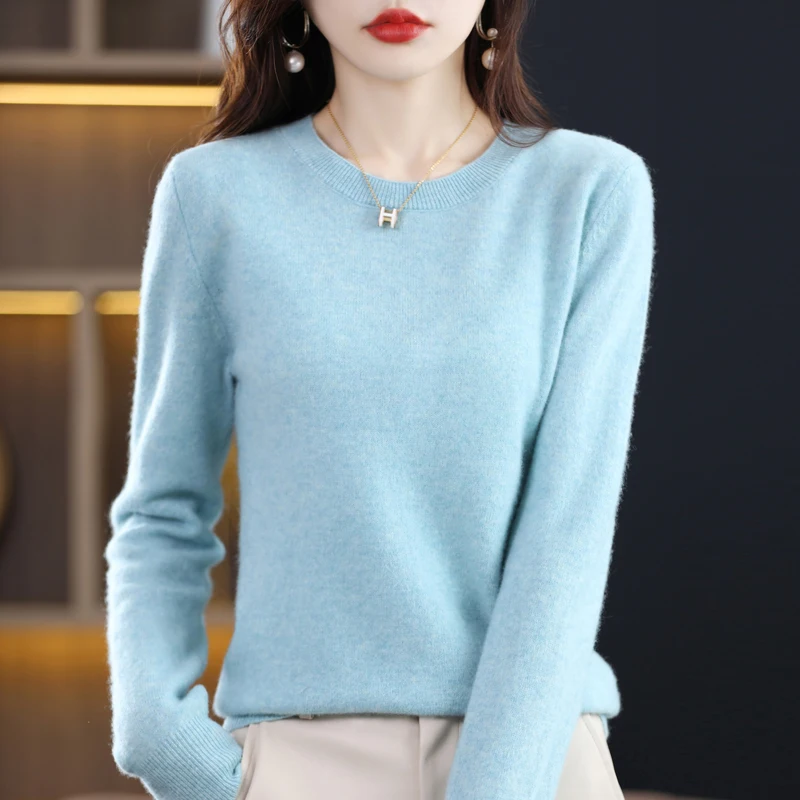 Autumn Winter 100% Pure Wool Women Cashmere Sweater O-Neck Fashion Bottoming Pullover Casual Knit Solid Color Long Sleeve Tops