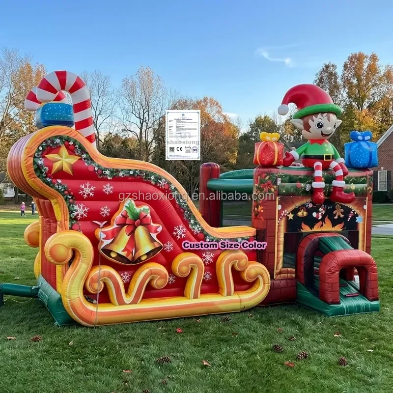 Kids Commercial Outdoor Inflatable Elf Bouncer Christmas Jumping Bouncy Castle Santa Sleigh Slide Combo Inflatable Bounce